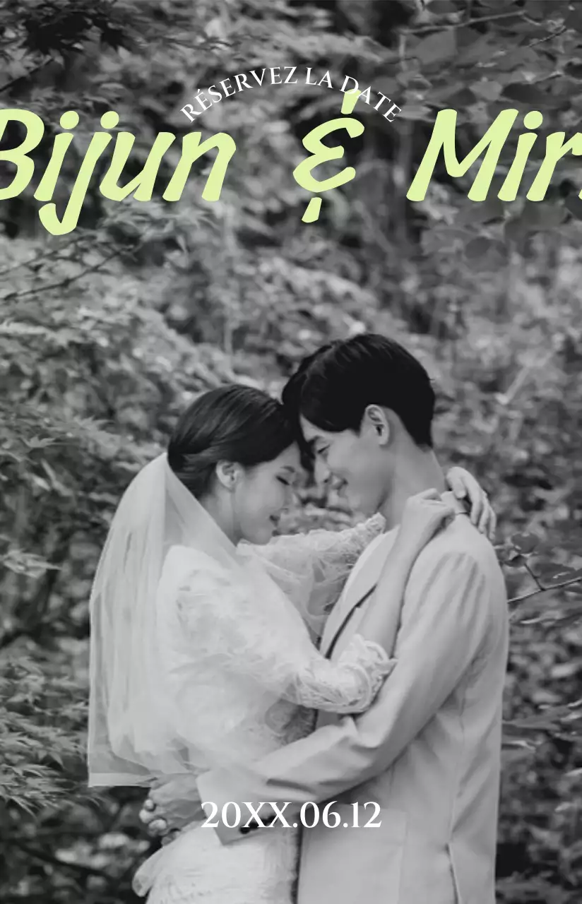 Une invitation de mariage photocarte sobre avec des accents verts