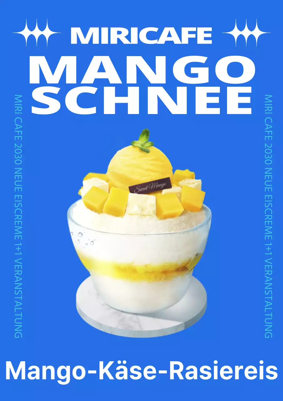 Werbung für das neue Rasiereis-Menü mit einem einfachen blauen Farbschema