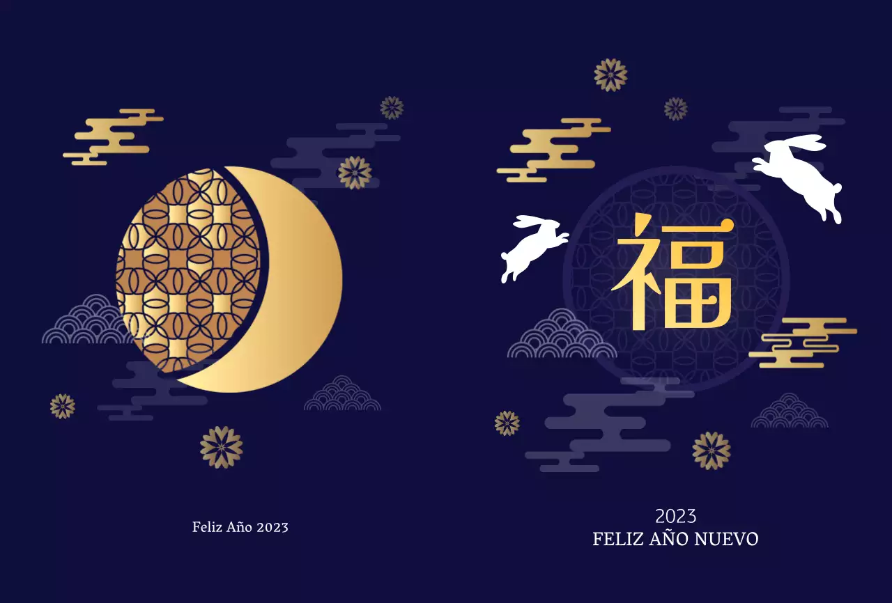 Tarjeta de felicitación de Año Nuevo en azul marino con lingotes de oro