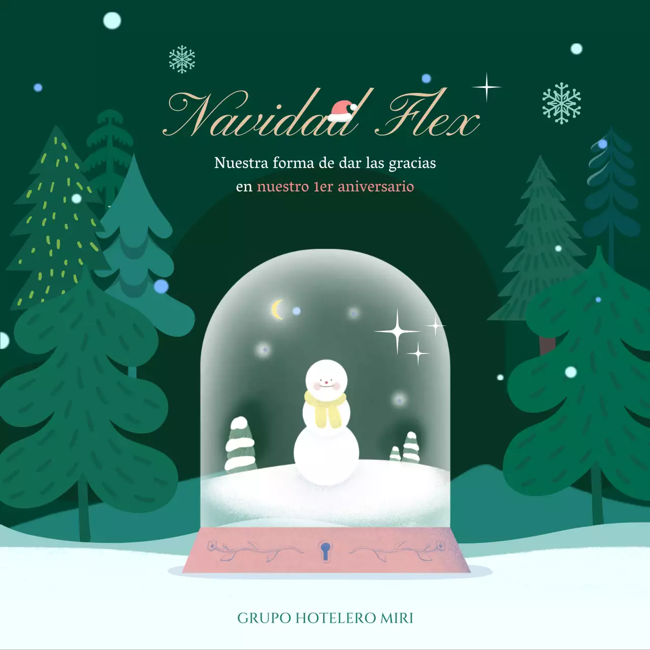 Simpática ilustración de bola de nieve con fondo verde para eventos navideños
