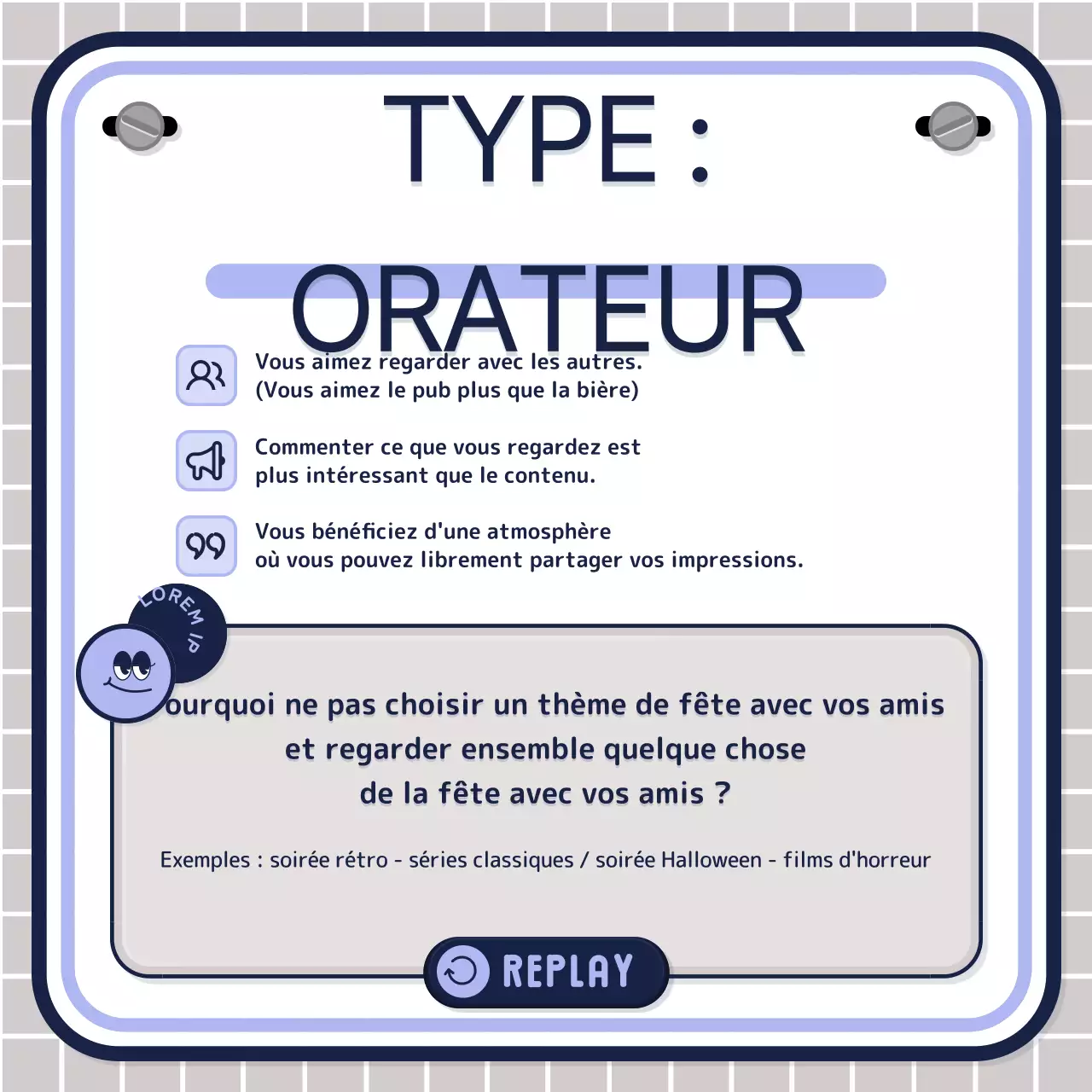 Test quiz simple piloté par le texte en rose mauve marine