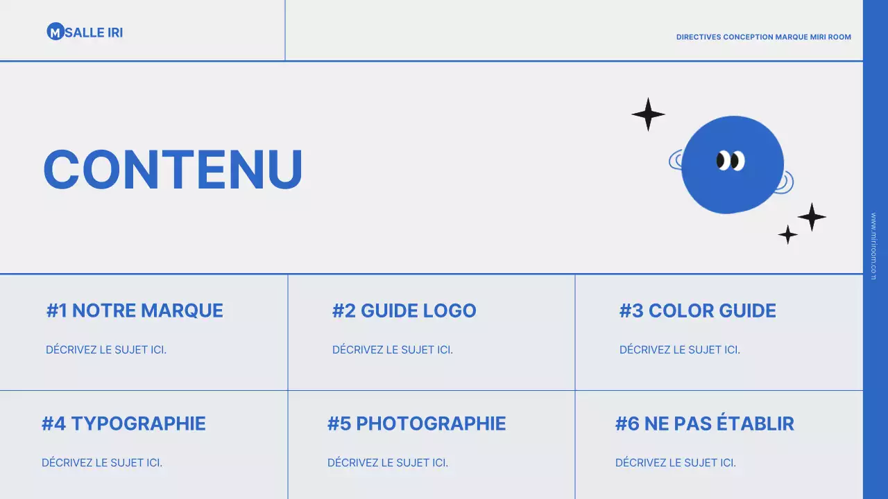 Présentation simple de la marque en bleu et noir