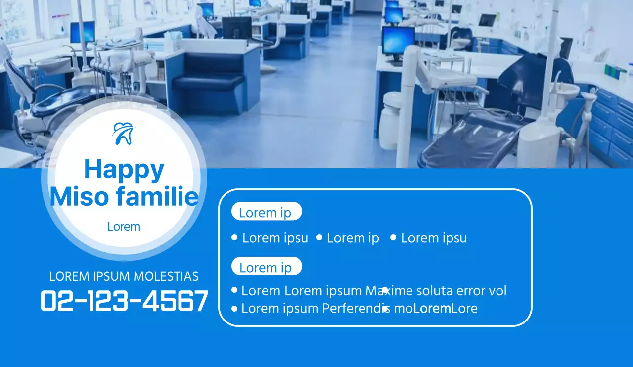 Een cool, strak blauw ontwerp voor een tandartspraktijk.