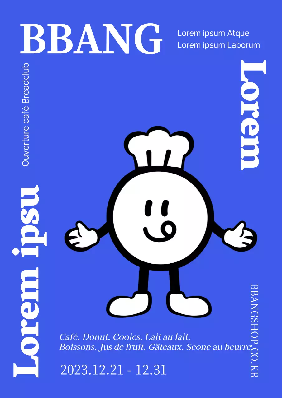 Une simple affiche bleue pour promouvoir l'ouverture d'un magasin de desserts.