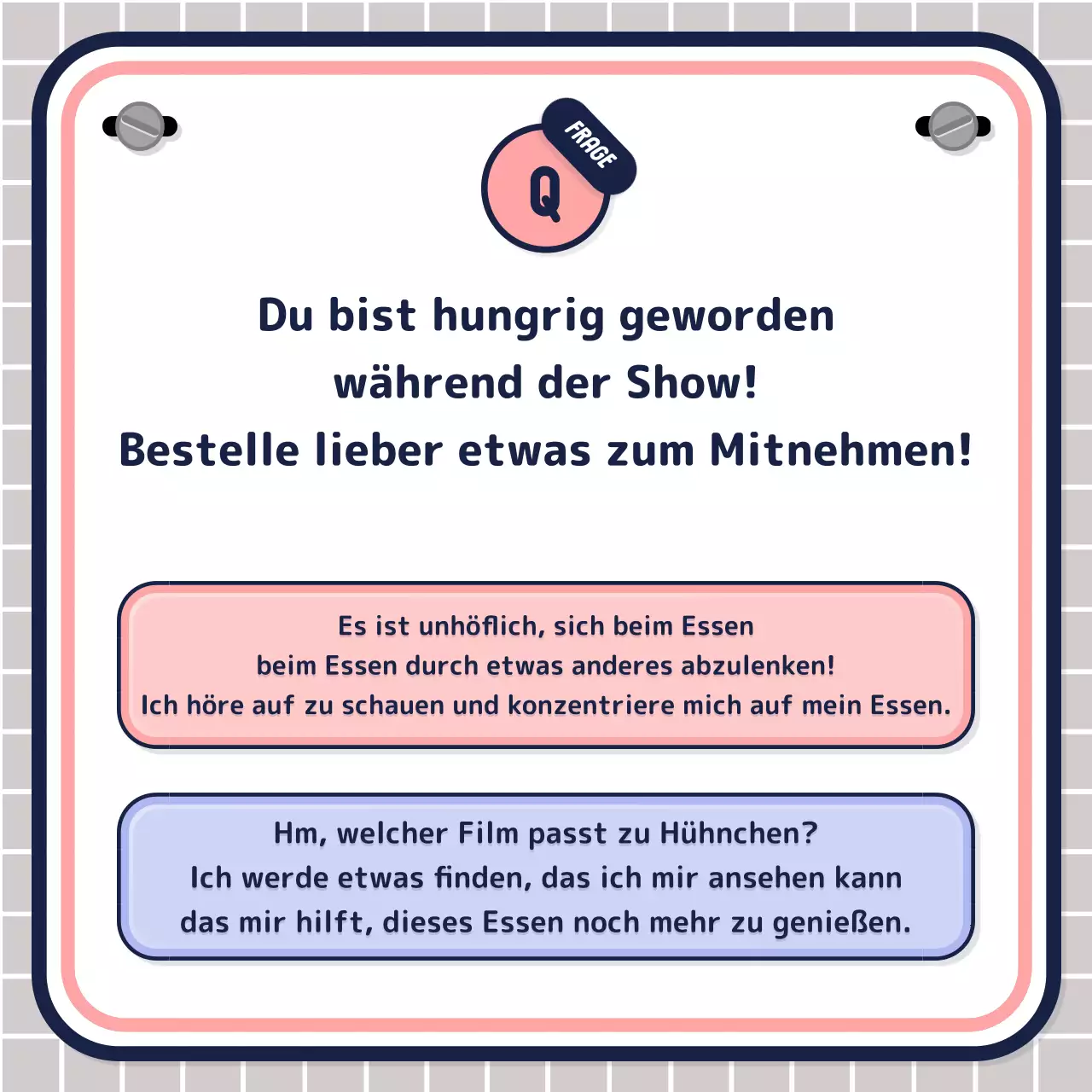 Einfacher textgesteuerter Quiz-Test in rosa-mauve-marine