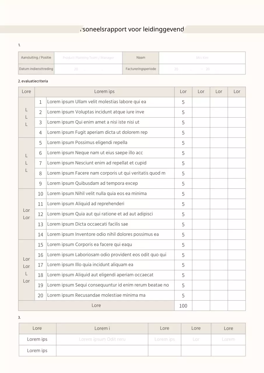 Evaluatie-items voor het beige beoordelingsformulier voor leidinggevenden Beoordelingsformulier promotie