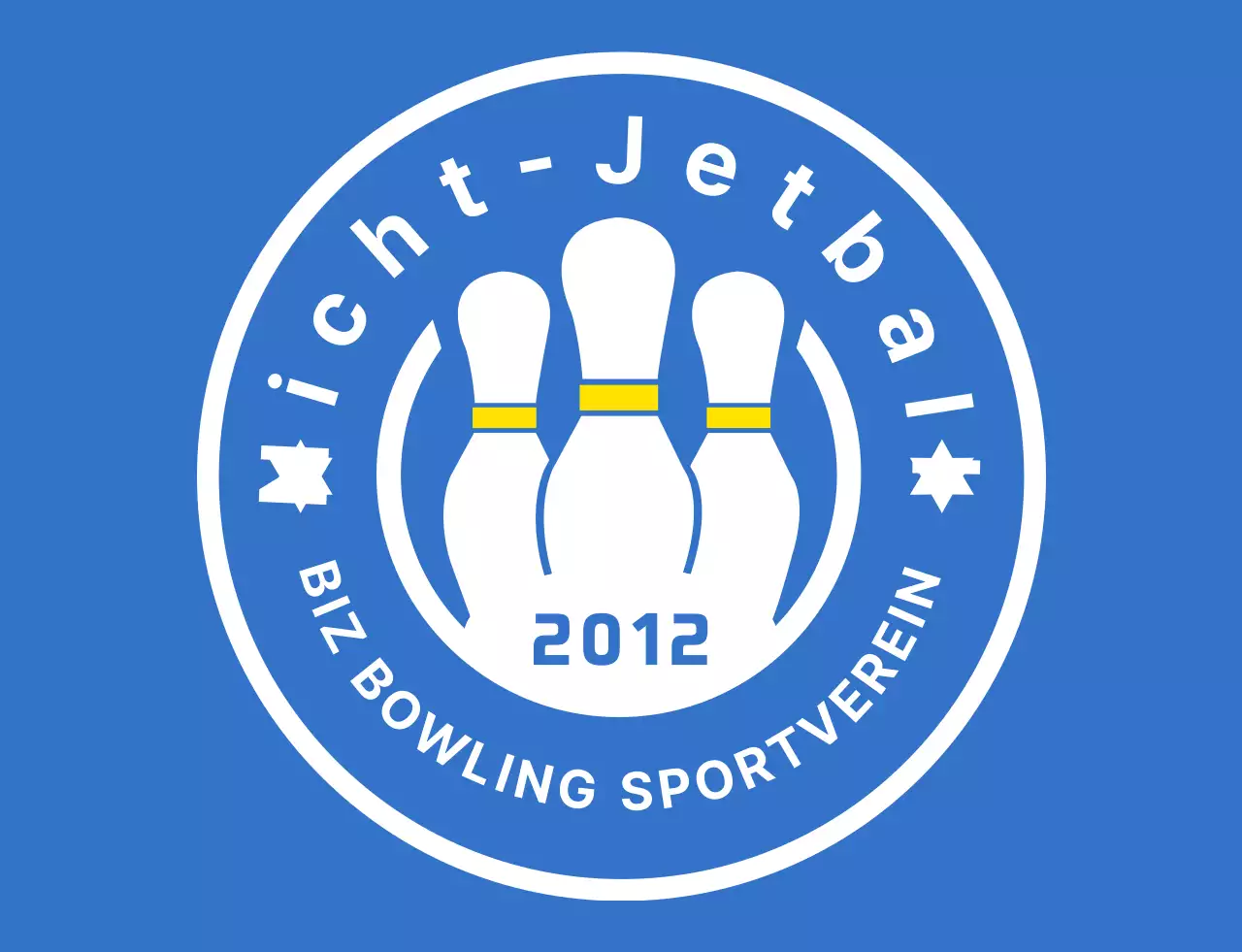 Eine saubere Bowling-Illustration und ein Emblem-Logo in Hellblau, Weiß und Gelb für einen Bowling-Sportverein.