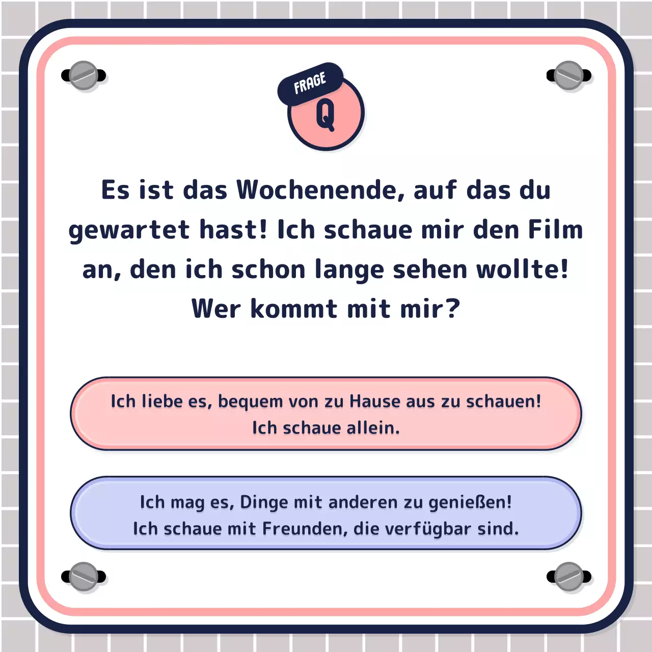 Einfacher textgesteuerter Quiz-Test in rosa-mauve-marine