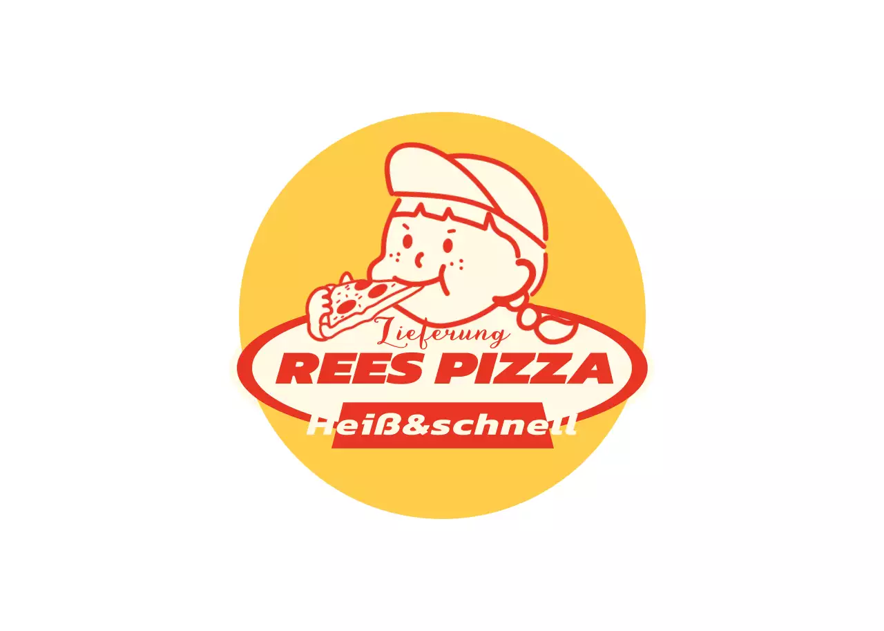 Ein Pizzeria-Logo mit einer niedlichen Illustration in Rot und Gelb