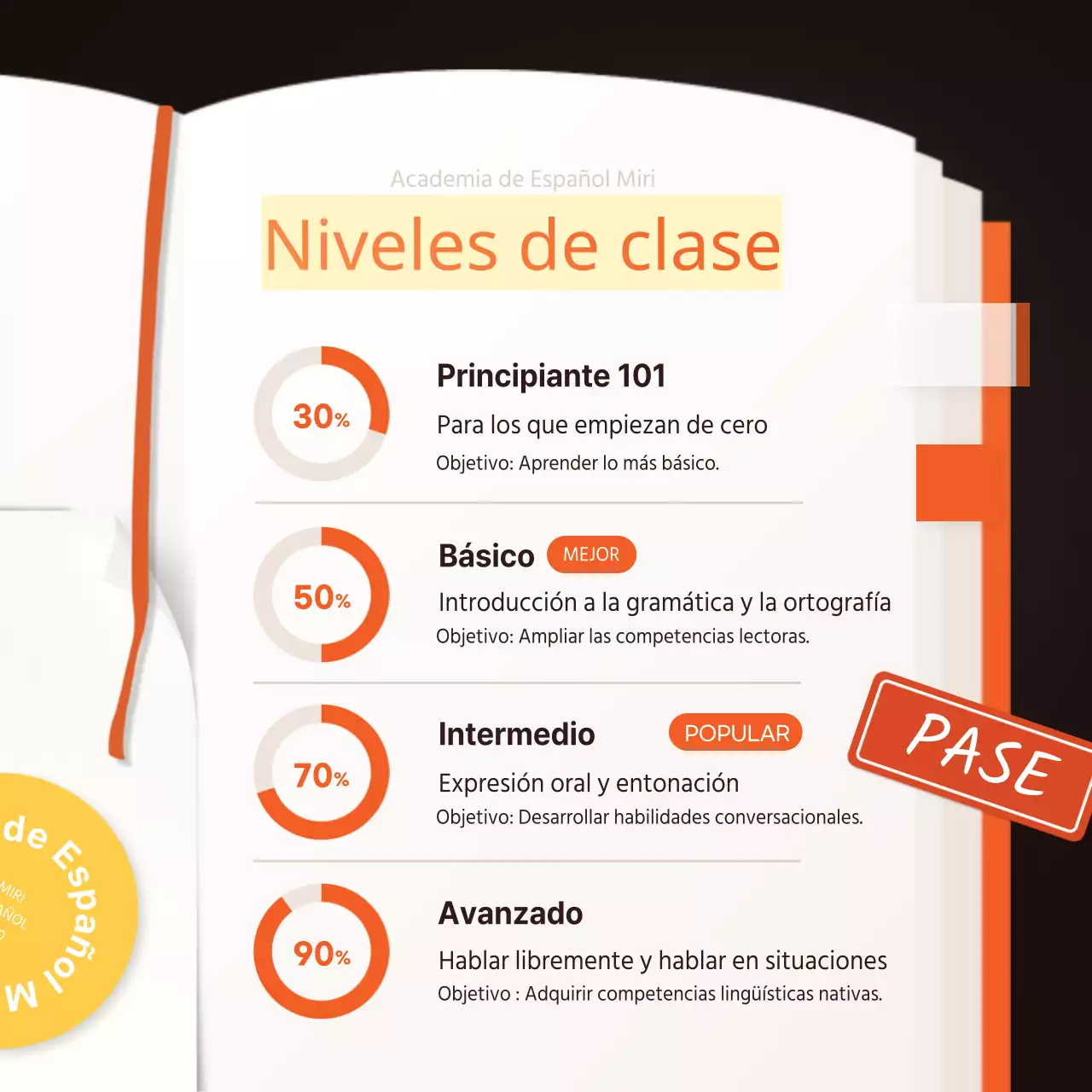 naranja amarillo marron libro ilustracion academia inglesa tarjeta publicitaria noticias