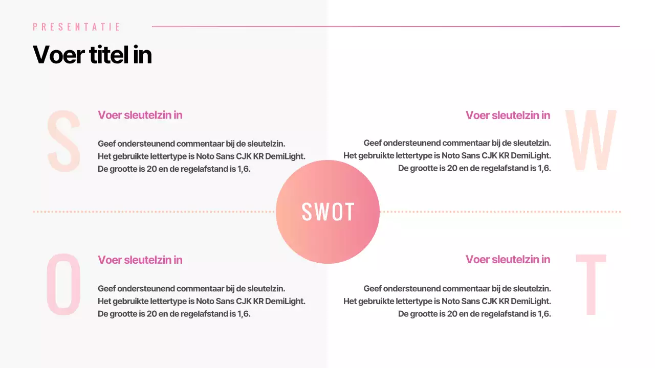 SWOT-kwadrantindeling in roze kleurverloop