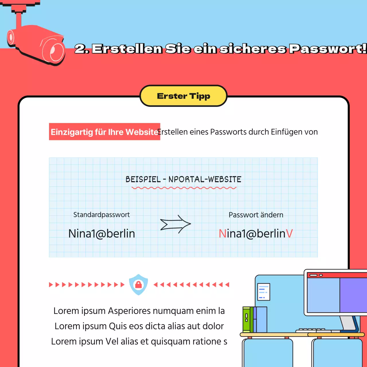 Kampagne zur Informationssicherheit durch ein sicheres Passwort mit roter und hellblauer Illustration