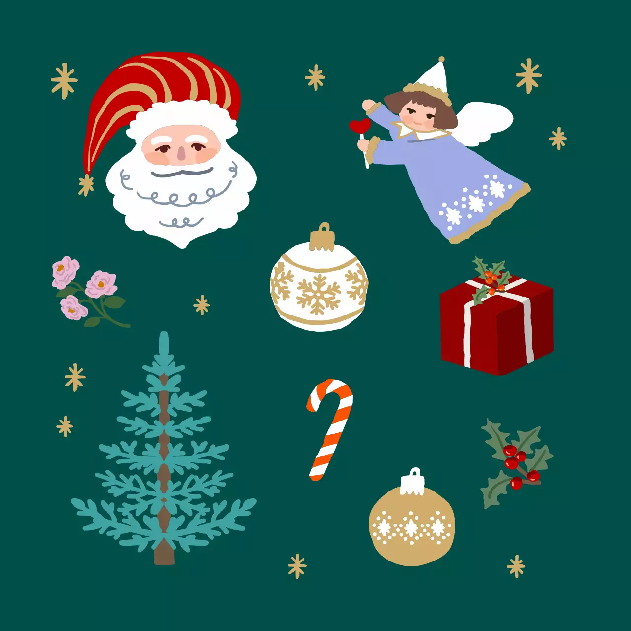 グリーンカラーのかわいいイラストのクリスマスオーナメントホリデーカード