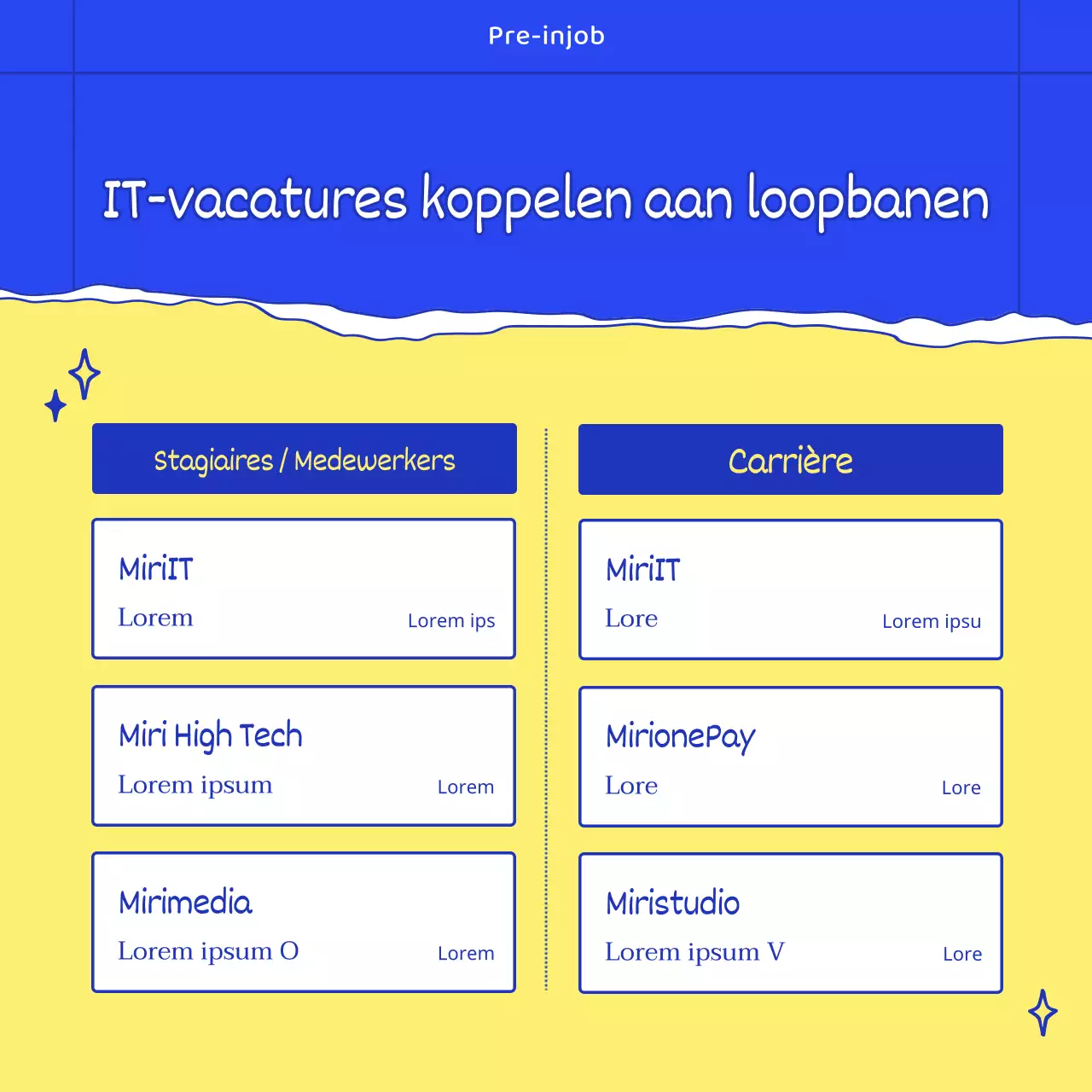 Zakelijke vacatures met stijlvolle, modieuze illustraties in blauw en geel.
