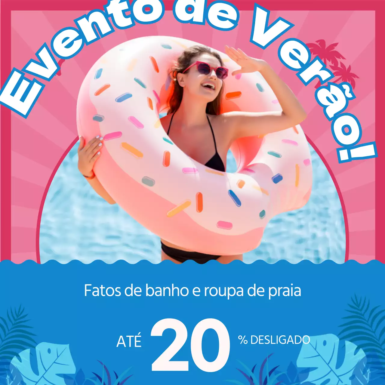 Poupe na roupa de praia de verão, realçada pelas fotografias em rosa e azul