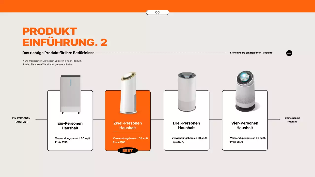 Vorschlag für einen Gerätemietservice mit orangefarbenen Elementen