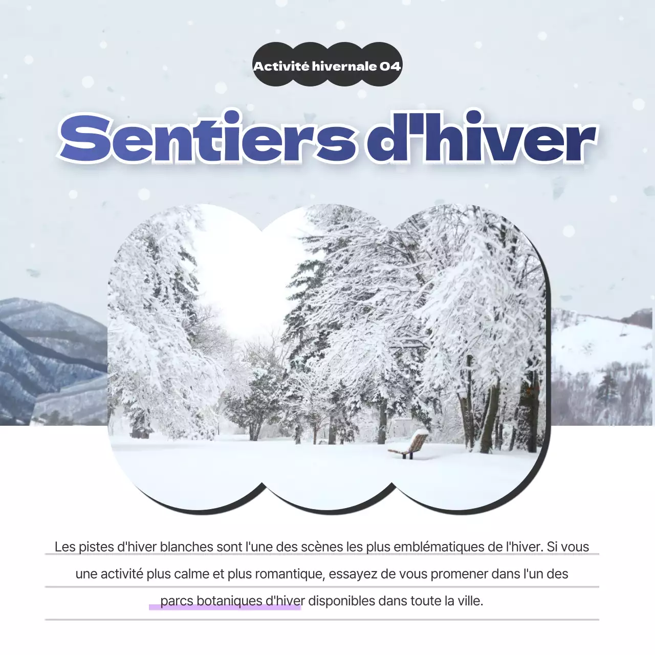 Présentation des destinations hivernales bleu ciel et violet