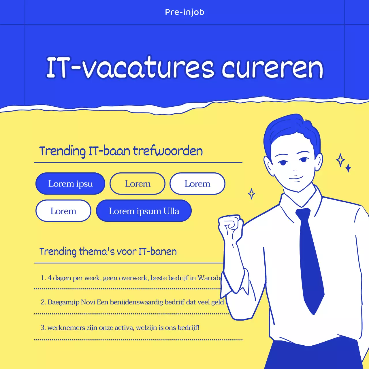 Zakelijke vacatures met stijlvolle, modieuze illustraties in blauw en geel.