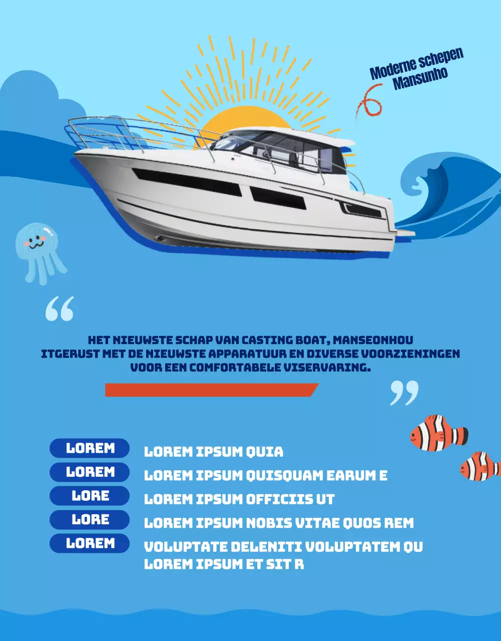 Advertentie voor een visreis naar de blauwe wateren van de wereld