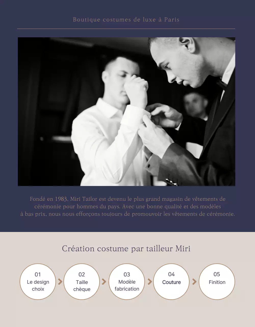 Maître de la tenue de soirée marine et beige, Miri Tailor Formalwear est spécialisé dans la confection et la location de costumes En savoir plus