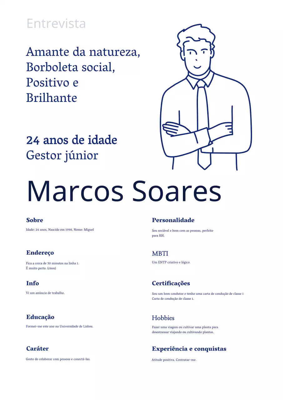 Um currículo simples e ilustrado com um formato azul, ao estilo de uma entrevista