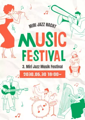 Werbung für eine Jazz-Performance mit orange-grünem, illustrativem Charakter