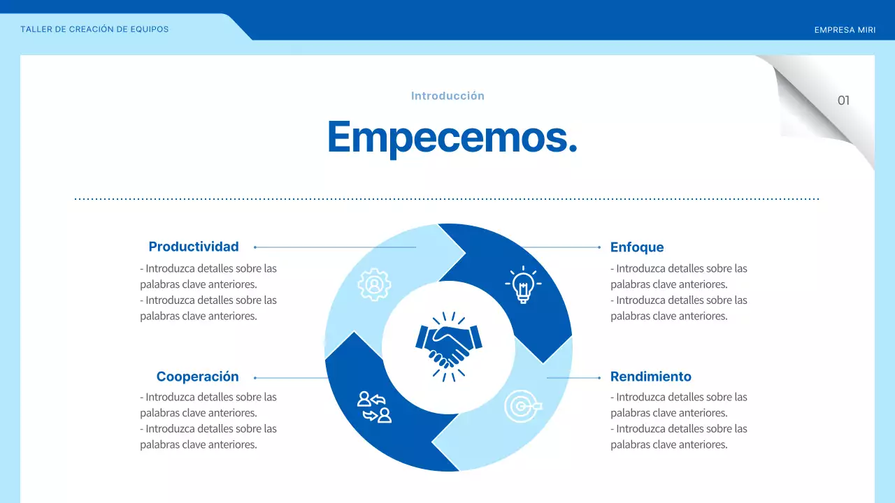 Taller de creación de equipos en el que destacan las ilustraciones en azul y amarillo
