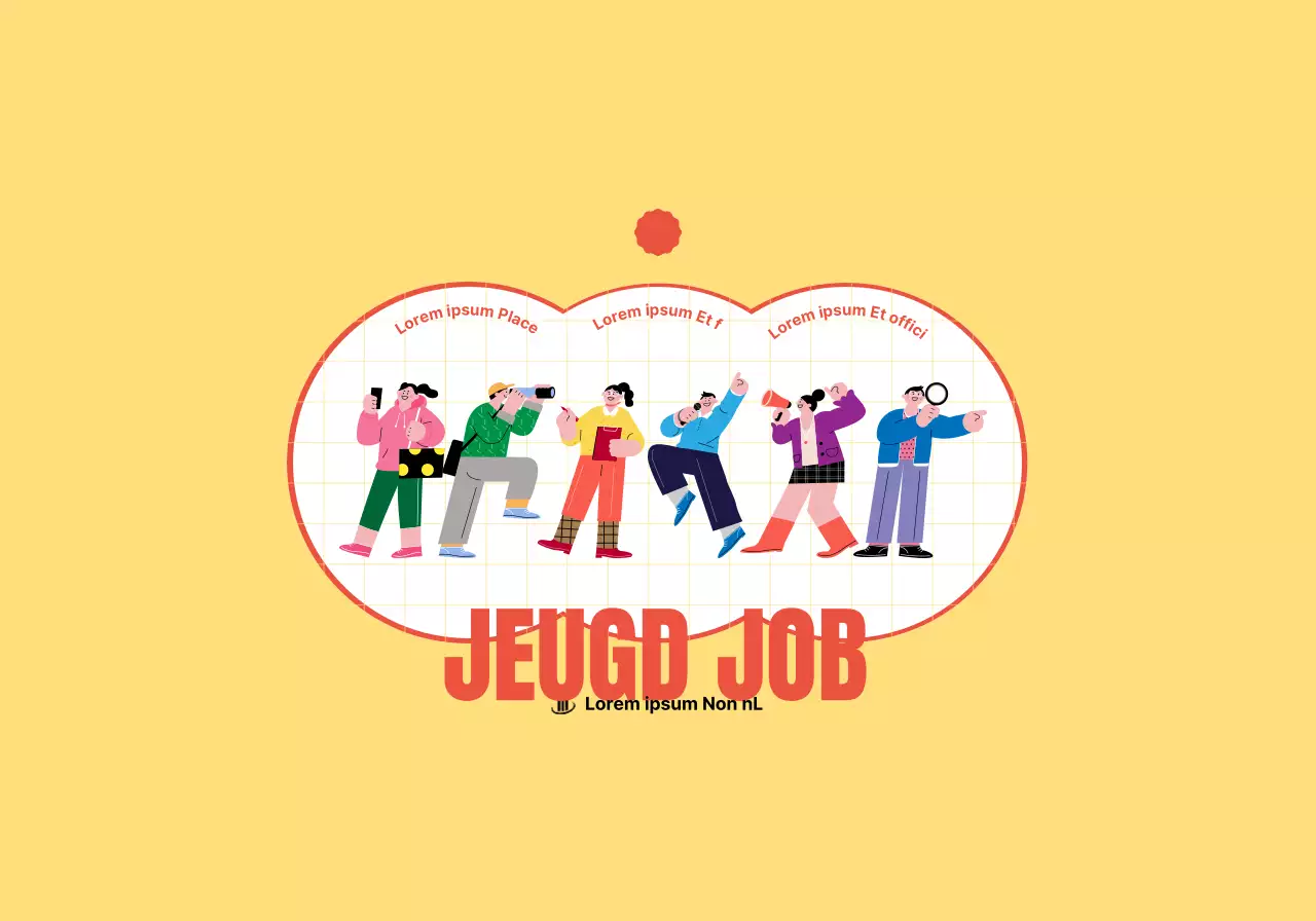 Sollicitatiecentrum concept voor jongeren met leuke gele en rode illustraties