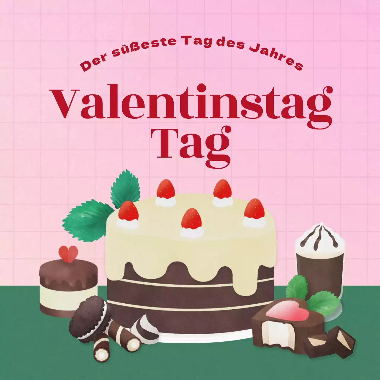 Leuchtendes, süßes und frisches Schokoladendessert-Set für den Valentinstag in Rosa und Dunkelgrün
