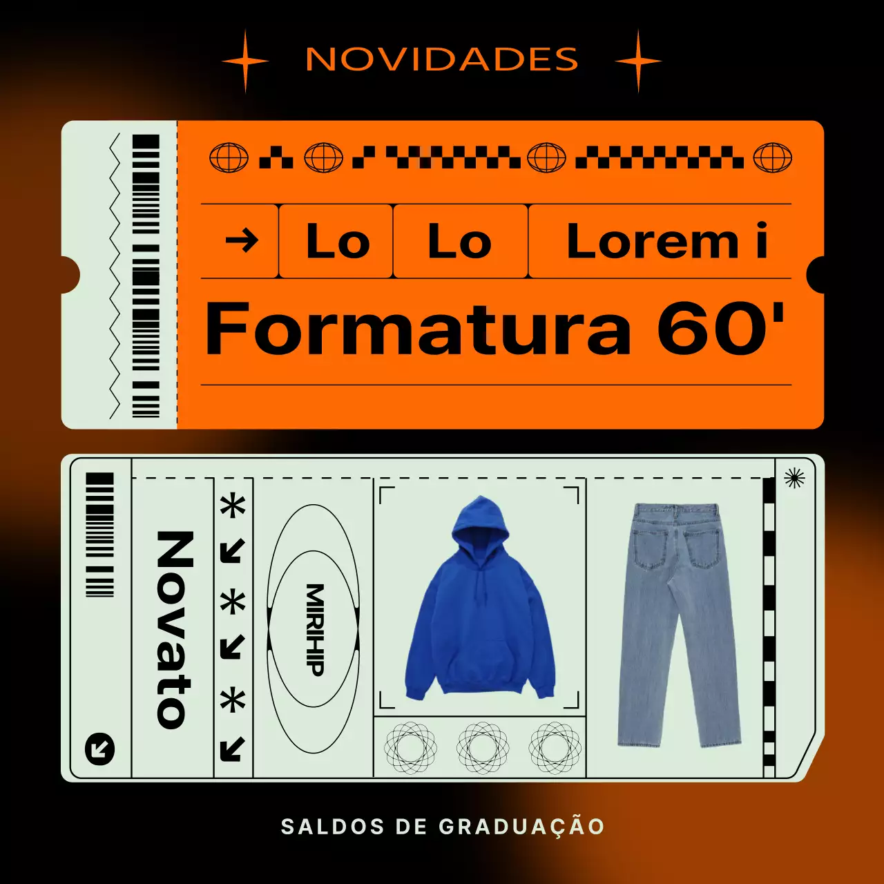 Evento de venda de graduação de admissão preto e laranja no centro comercial