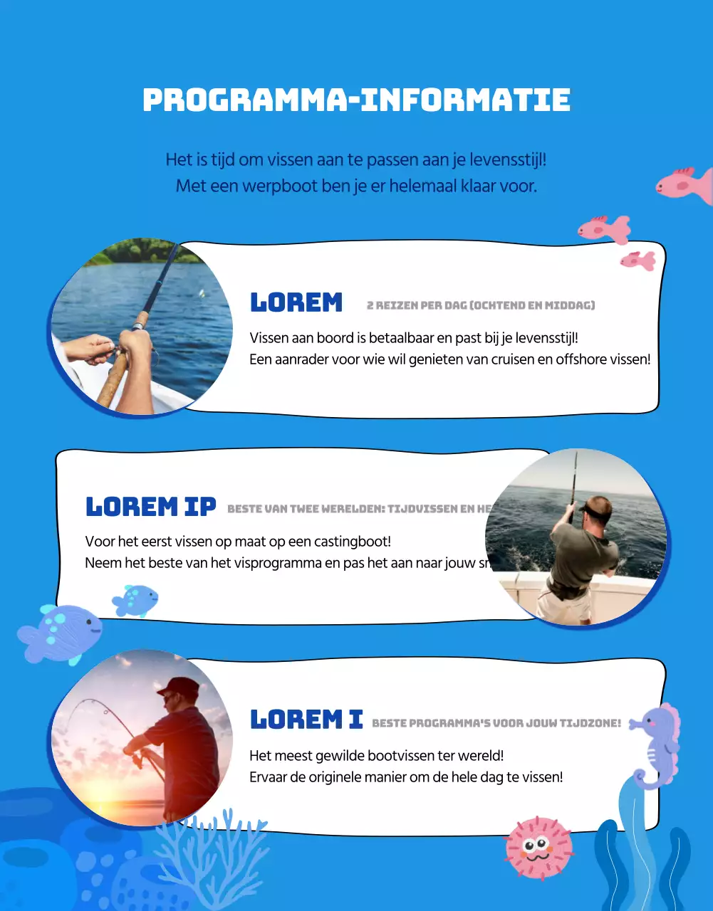 Advertentie voor een visreis naar de blauwe wateren van de wereld