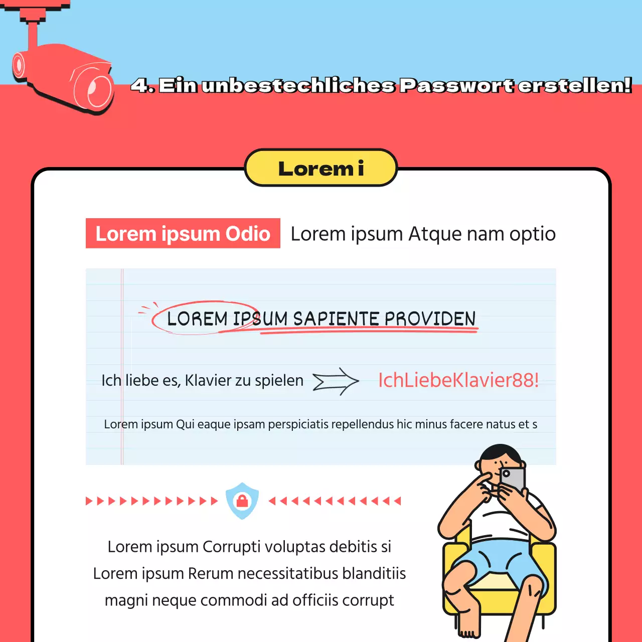 Kampagne zur Informationssicherheit durch ein sicheres Passwort mit roter und hellblauer Illustration