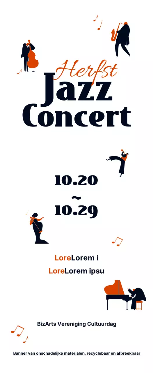 Informatie over jazzconcerten in een leuke zwart-oranje illustratiestijl