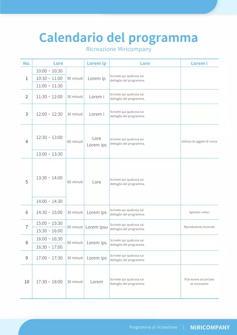 Programma ricreativo semplice formato documento calendario eventi in azzurro