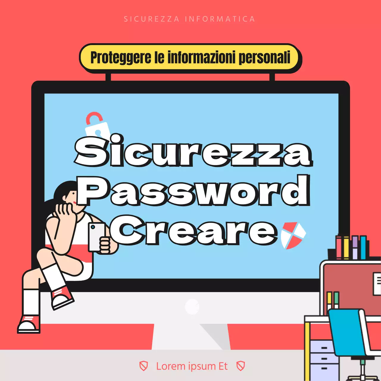 Campagna informativa sulla sicurezza delle password con illustrazione in rosso e azzurro