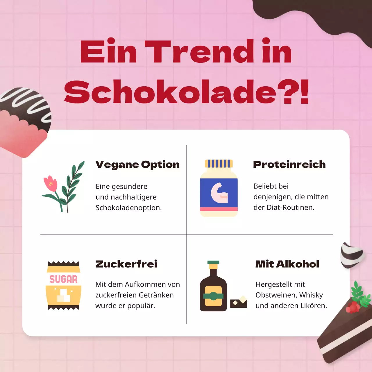 Leuchtendes, süßes und frisches Schokoladendessert-Set für den Valentinstag in Rosa und Dunkelgrün