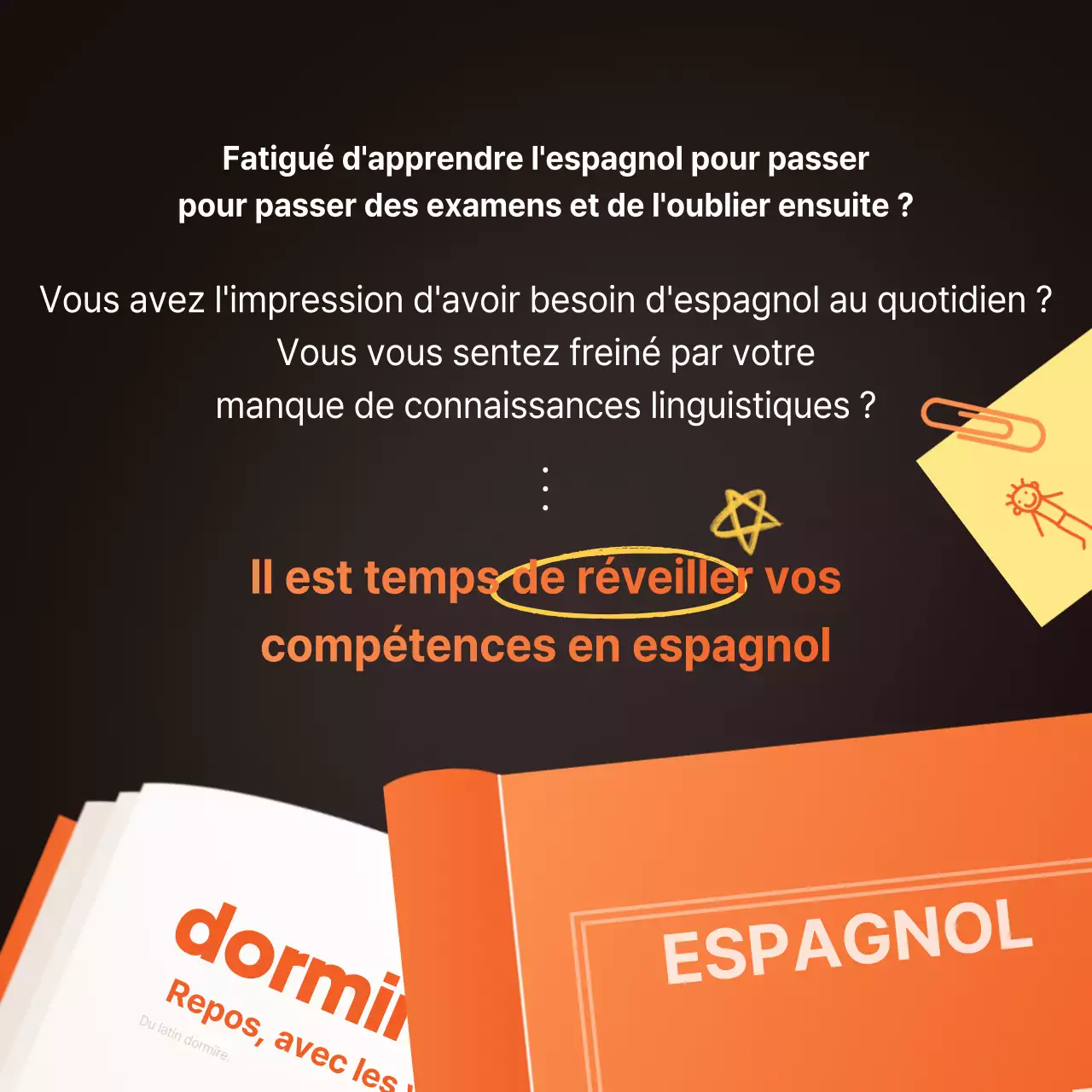orange jaune marron livre illustration académie d'anglais carte publicitaire nouvelles