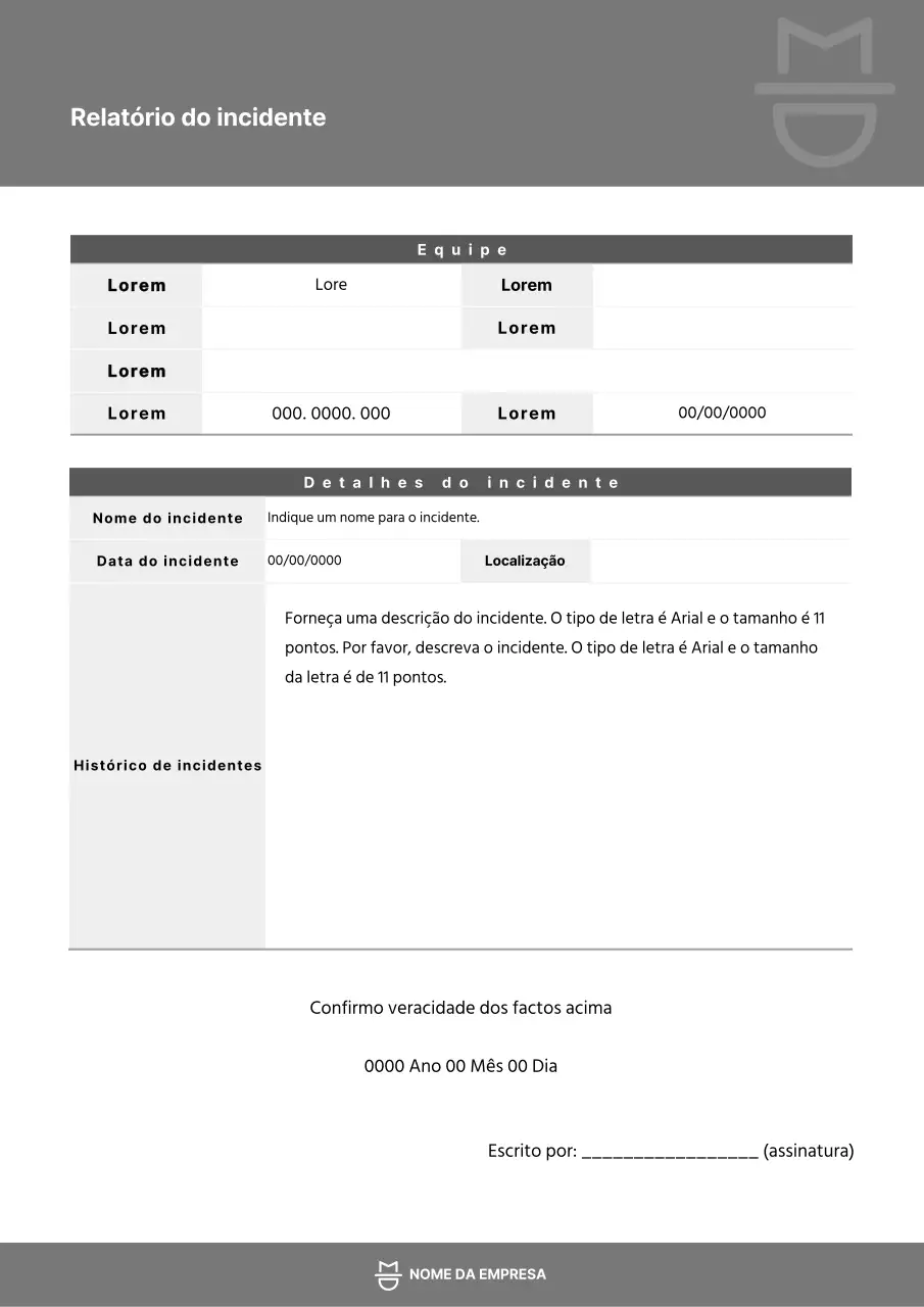 Estilo cinzento e simples de documentação de relatórios de incidentes