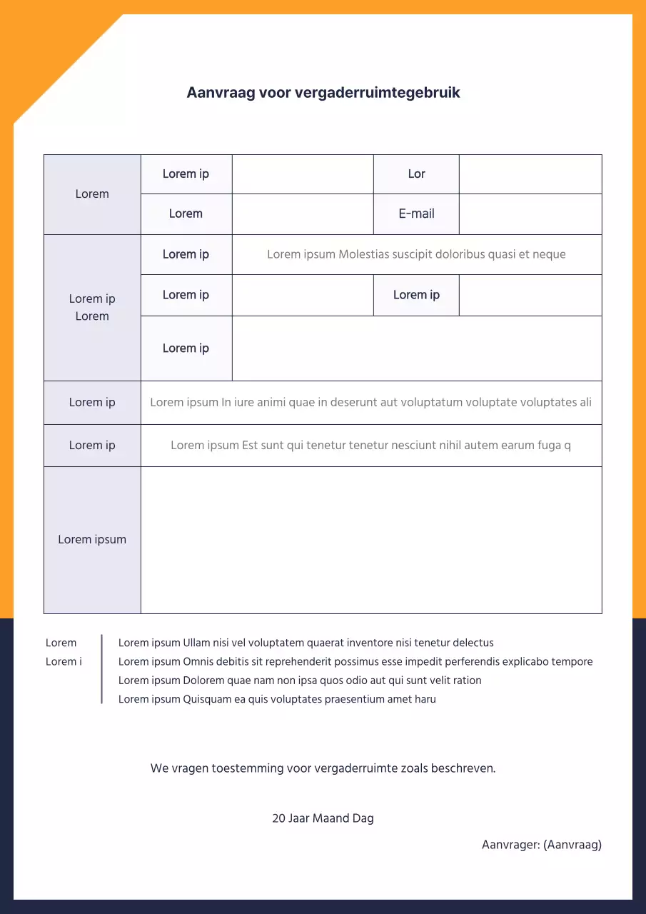 Aanvraag voor het gebruik van een vergaderruimte in oranje-navy