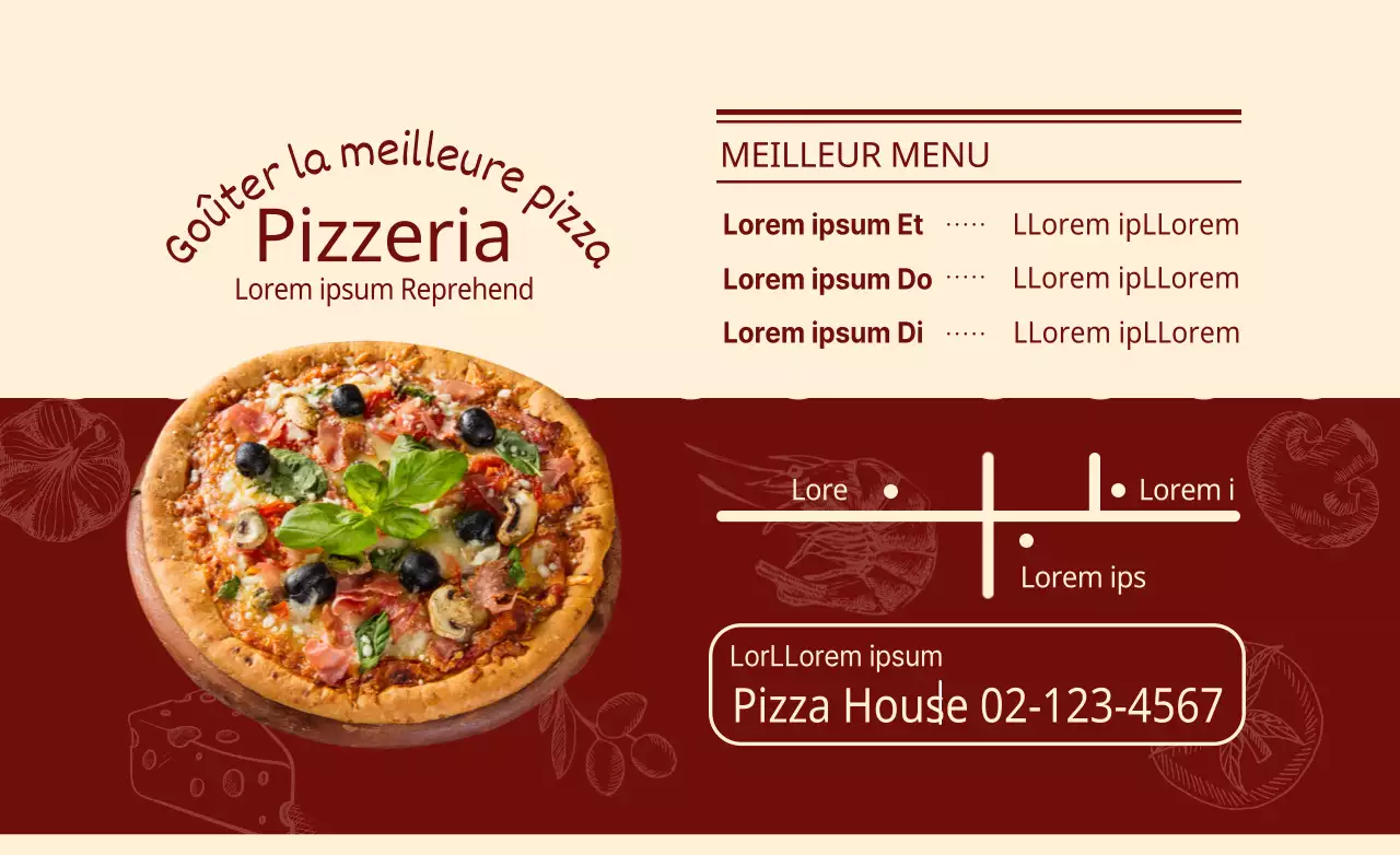 Concevez un flyer de restaurant de pizzas délicieux en rouge.