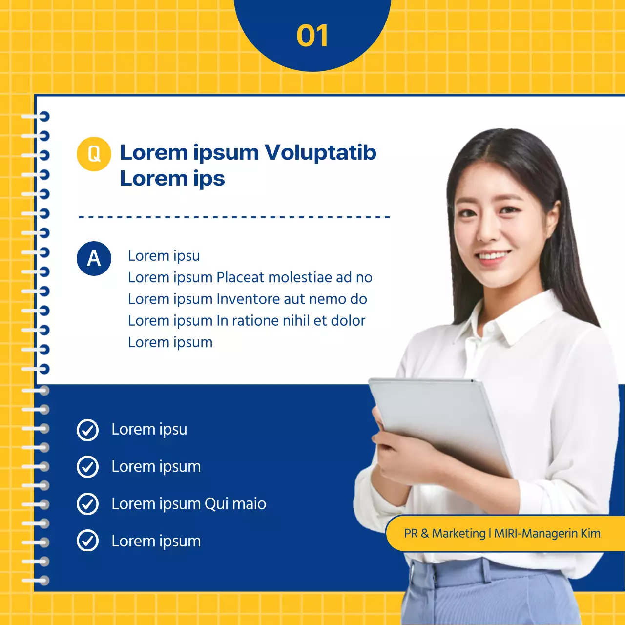 Vorstellungsgespräch für eine Stelle im Bereich Öffentlichkeitsarbeit in Marineblau und Gelb