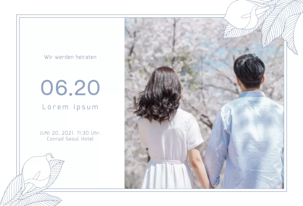 Hochzeit Fotoeinladung Horizontale Postkarte mit hellblauer Illustration