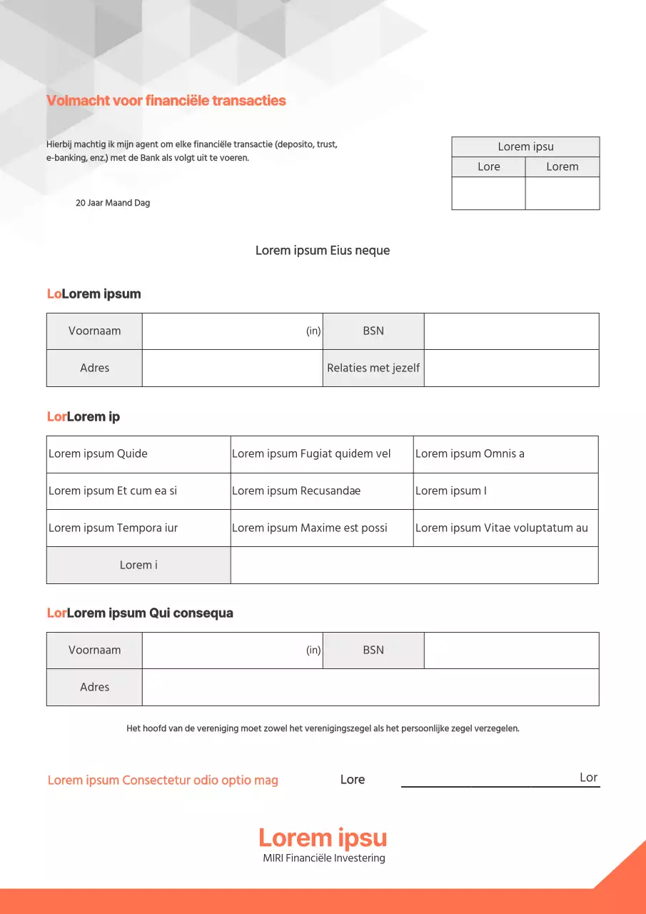 Een schone oranje en grijze volmacht voor financiële transacties