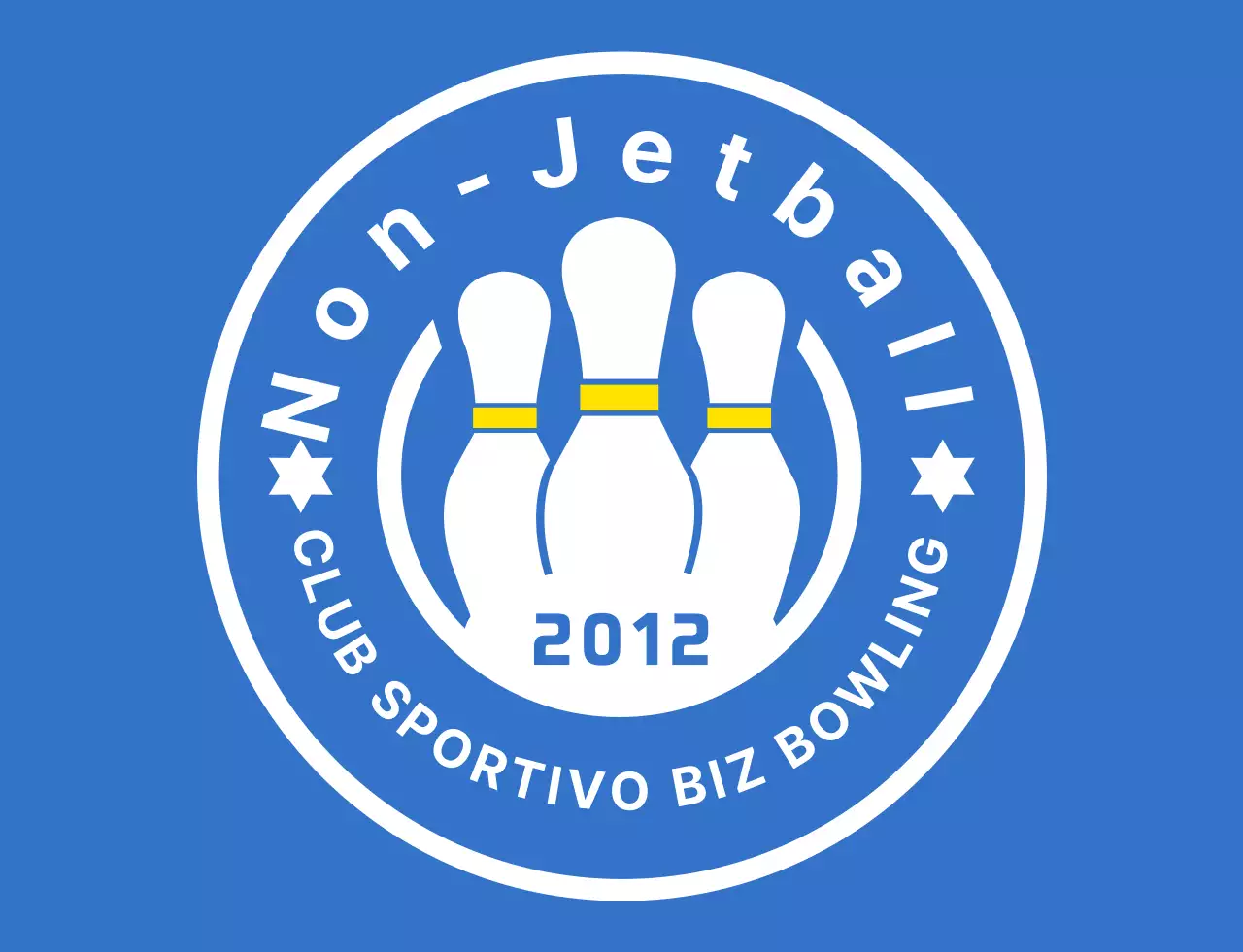 Un'illustrazione pulita del bowling e un logo emblematico in azzurro, bianco e giallo per un club sportivo di bowling.