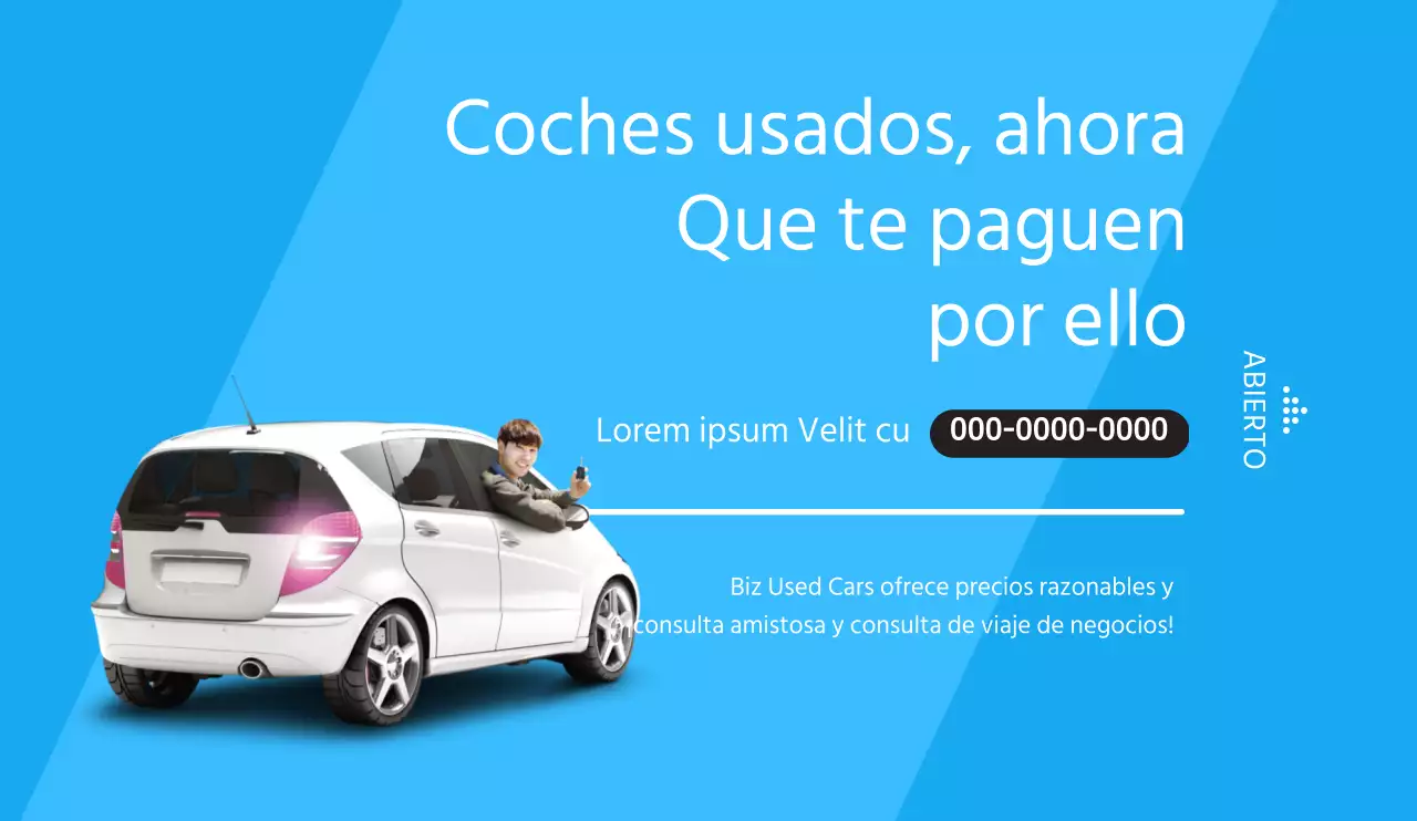 Estilo de texto sencillo en azul claro y blanco con información del centro de vehículos de ocasión