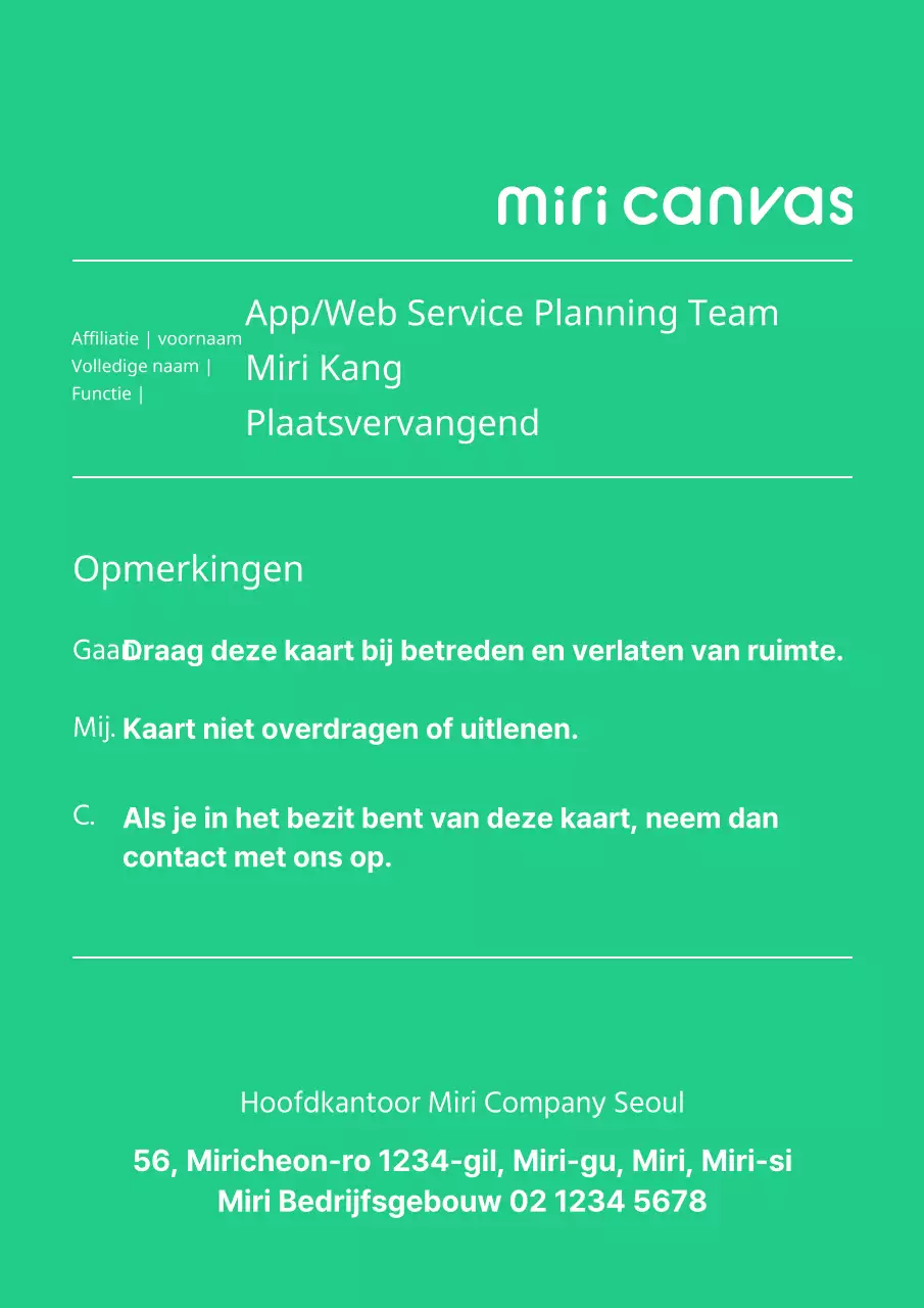 Eenvoudige en basic personeelskaart met witte en groene accenten