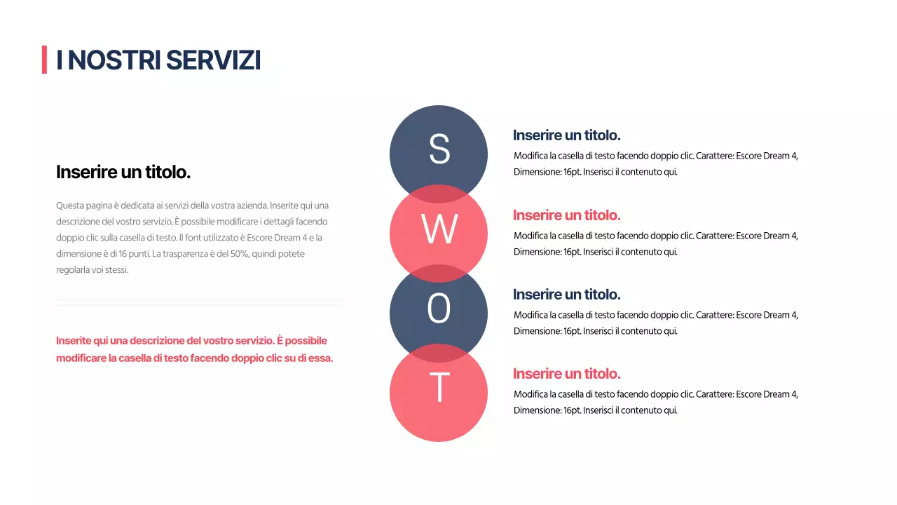 Infografica di design SWOT con un concetto pulito in rosso e blu navy