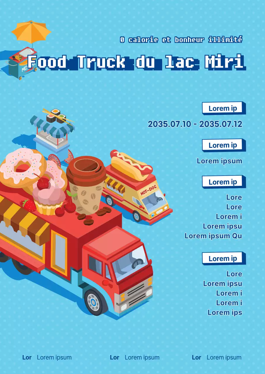 Une illustration mignonne sur fond bleu clair présente l'événement food truck