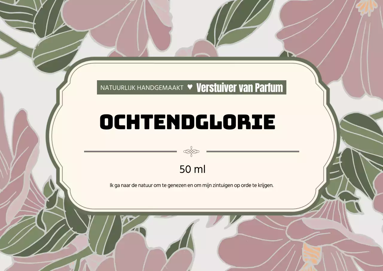 Vintage parfumetiket met groene illustraties.