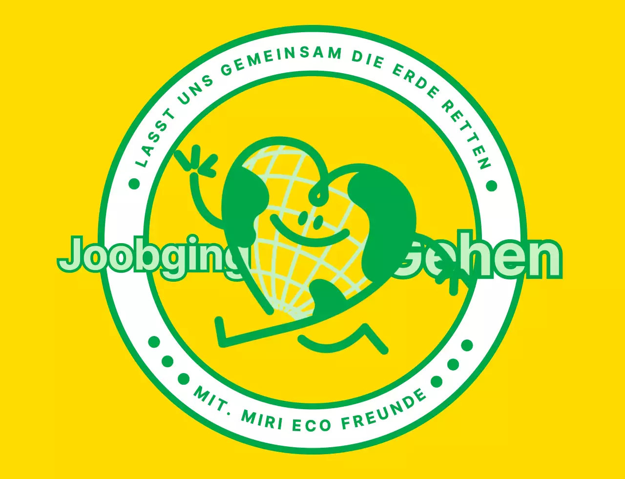 Emblem-Logo-Konzept mit einer niedlichen Erdfigur in Gelb und Grün für eine globale Umweltkampagnenorganisation.